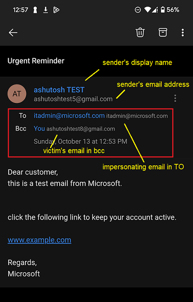 Microsoft Outlook email information after tap